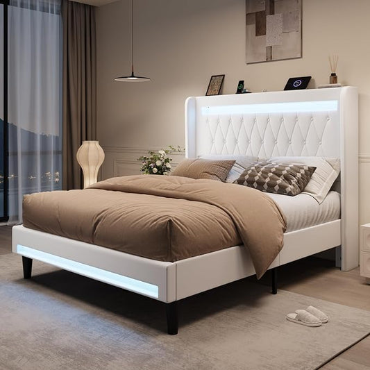 SHA CERLIN Full Size LED Bed Frame with Charging Station, Velvet Upholstered Platform Bed with High Wingback Headboard, No Box Spring Needed, Easy Assembly, White