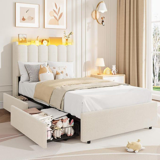 Garvee LED Twin Size Bed Frame with Storage Headboard, Kids Bed Frame with 2 Drawers, Boucle Upholstered Platform Bed for Girls, Chic Wavy Headboard with Bookcase, No Box Spring Needed, White