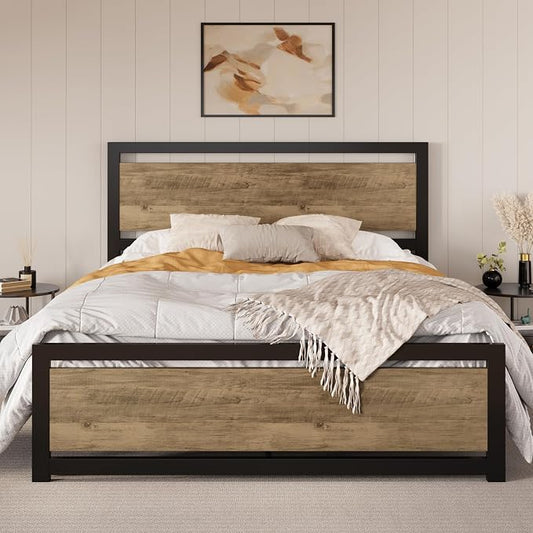 SHA CERLIN Full Size Bed Frame with Modern Headboard, Heavy Duty Platform Metal Base with Square Footboard and 13 Strong Slats Support, No Box Spring Needed, Brown