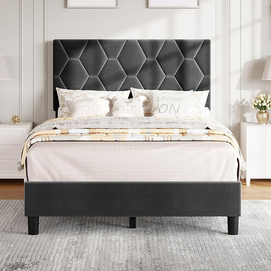 GarveeHome Grey Twin Bed Frame with Upholstered Headboard, Upholstered Bed Frame, Heavy-Duty Platform Bed Frame with Adjustable Headboard, Strong Wood Slat Support/No Box Spring Needed/Noise Free