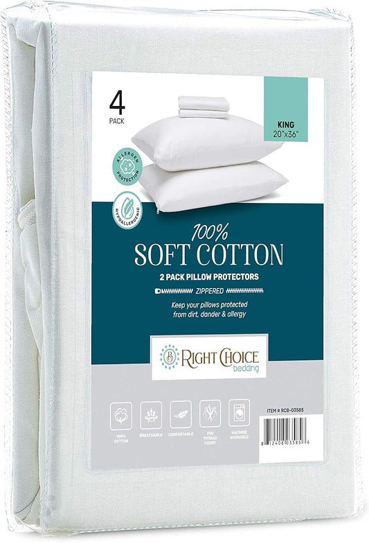 Cotton Pillow Protectors with Zipper, (Set of 4)