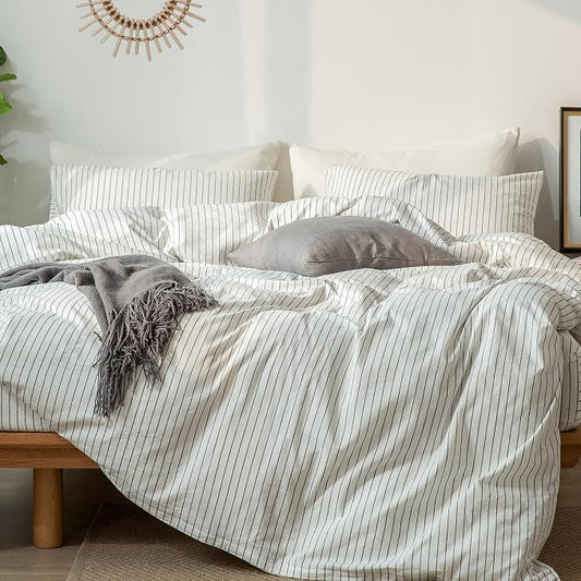 MooMee Striped Duvet Cover Set 100% Washed Cotton Linen Like Textured Breathable Durable Soft Comfy (White Dark Grey Wide Stripes, Super King Plus 120"x120")