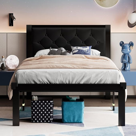 Feonase Twin Size Metal Bed Frame with Faux Leather Button Tufted Headboard, Heavy-Duty Platform Bed Frame with 12" Storage, Steel Slats Support, No Box Spring Needed, Noise Free, Matte Black