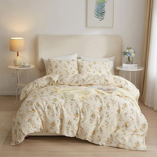 mixinni Aesthetic Floral Duvet Cover Set Twin XL Size, Farmhouse Boho Yellow Flowers Leaves Cute Bedding Set for Women, 1 Soft Cotton Chic Duver Cover and 2 Pillowcases for All Seasons-Twin XL Size