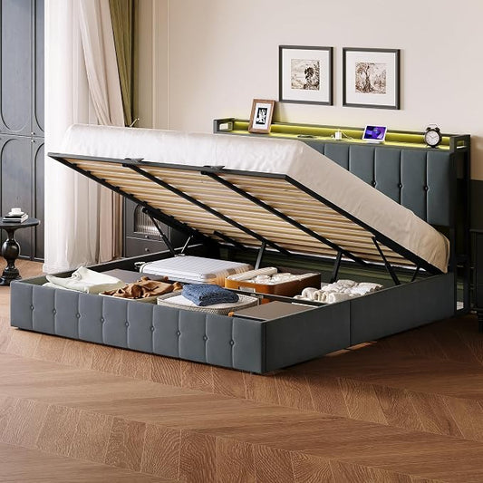 Garvee King Size Lift Up Storage Bed with LED Lights, Upholstered Velvet Bed Frame with Storage Headboard & Charging Station, Metal Platform Bed, No Box Spring Needed, Solid Wooden Slats, Grey