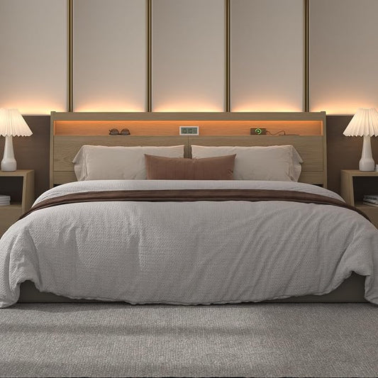 Wooden Headboard Only with Storage, Skirting Groove for Enhanced Stability, Built-in Power Outlet, 2 USB Ports & LED Light - Solid Wood Leg Sturdy Stable Bed Backboard (Oak, King)