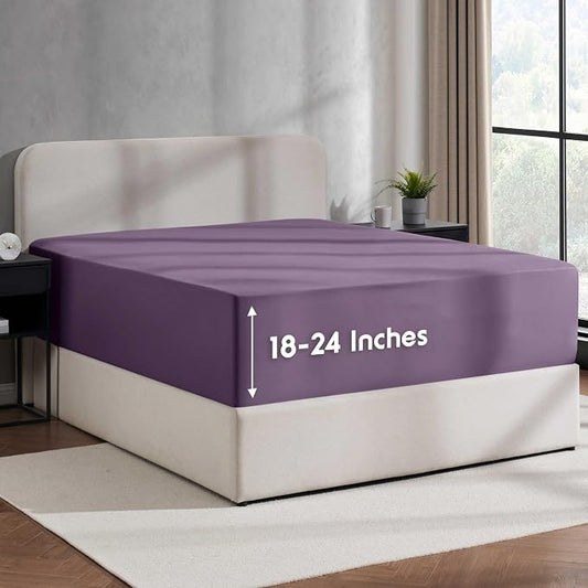 Nestl Purple Extra Deep Pocket King Fitted Sheet Only, Hotel Luxury King Size Fitted Sheets Easily Fits 18 to 24 Inch Mattress, Super Soft, Wrinkle-Free, and Breathable Sheets with Corner Straps