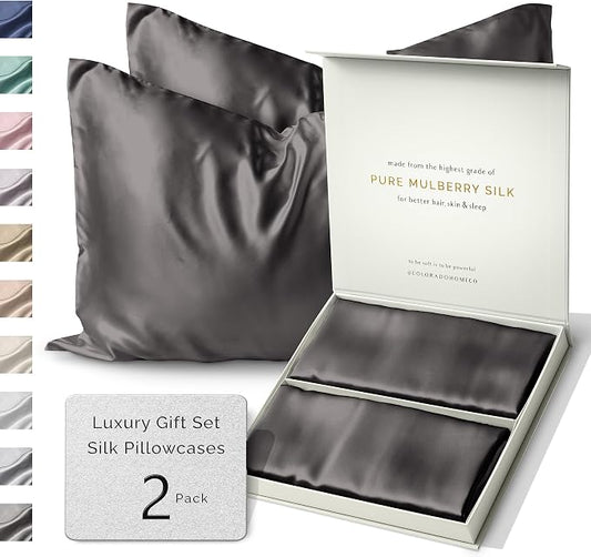 SUNDAYSILKS™ Silk Pillow Cases 2 PACK | 22 Momme Mulberry Silk Pillowcase Set of 2 | Standard Queen, King Size | All Sides 100% Pure Silk Slip Pillowcase Bliss for Women with Zipper [Charcoal Essence]
