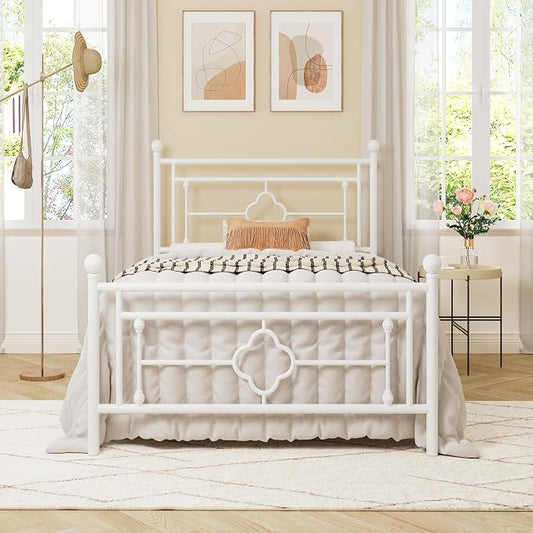 Allewie Twin Size Metal Platform Bed Frame with Victorian Vintage Headboard and Footboard/Mattress Foundation/Under Bed Storage/No Box Spring Needed/Noise-Free/Easy Assembly, White