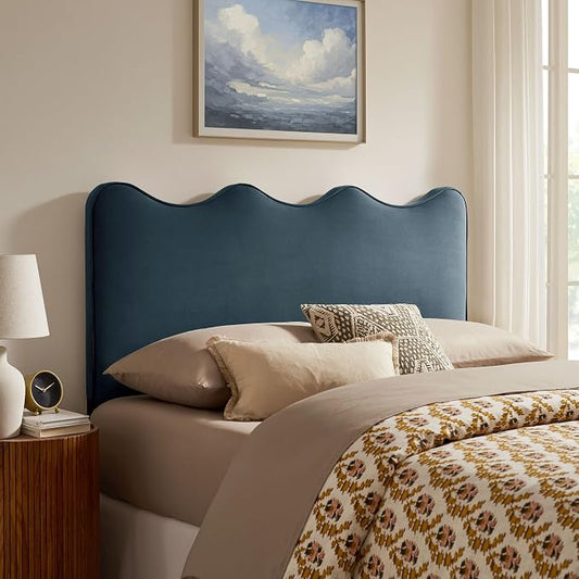 Monday Athena Queen Size Performance Velvet Adjustable Headboard in Cadet Blue - with Scalloped Wave Design and Stain-Resistant Velvet Upholstery