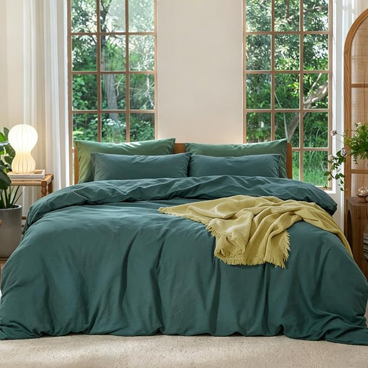 MooMee Bedding Duvet Cover Set 100% Washed Cotton Linen Like Textured Breathable Durable Soft Comfy (Solid Green, Queen 90"x90")