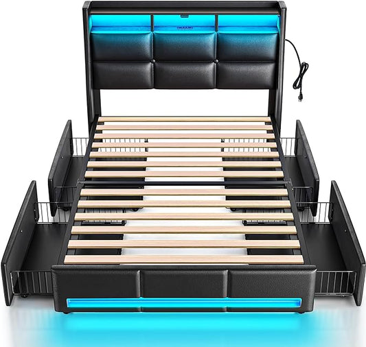 Rolanstar Twin Size Bed Frame with LED Lights and Charging Station, PU Leather Bed Storage Headboard & Drawers, Heavy Duty Wood Slats, Easy Assembly, Black