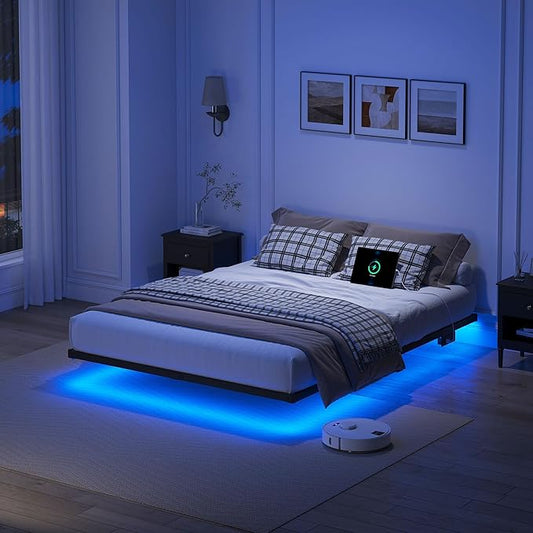 YORMDMO Floating Bed Frame King Size, Heavy Duty Bedframe with Smart LED Lights & Charging Station, Modern Metal Platform Bed, Easy Assembly No Box Spring Needed, 8 Inch