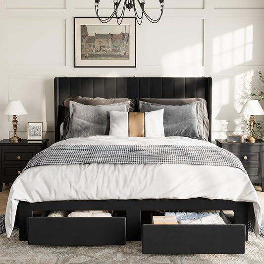 GarveeHome Queen Size Bed Frame, Bed Frame Upholstered Platform Bed with Velvet Headboard, Wing Edge Design, 2 Storage Drawers, No Box Spring Needed, Black