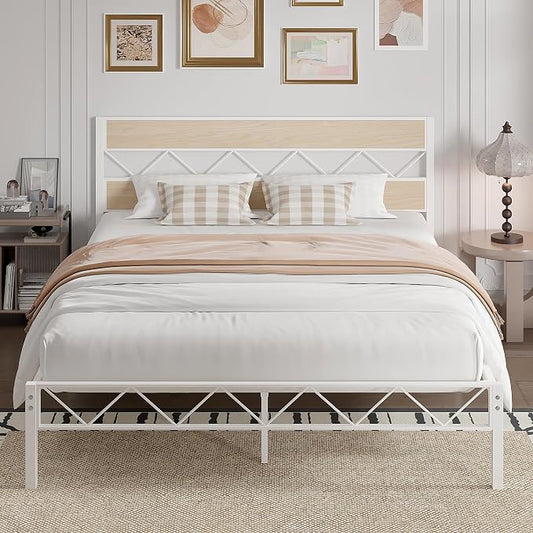 VECELO Full Size Bed Frame with Headboard, Heavy-Duty Platform Bedframe with Metal Slats Support, No Box Spring Needed, Easy Assembly, White & Natural