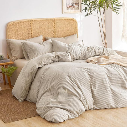 Wake In Cloud - Striped Cotton Duvet Cover Set, 100% Washed Cotton Textured Percale Bedding Set, Ticking Stripe Pinstripe Farmhouse, 3 Pieces, Tan, Full Size