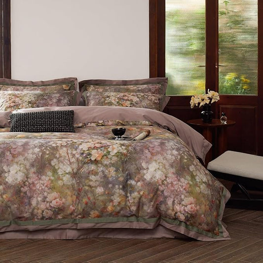 VM VOUGEMARKET Painting Flower Duvet Cover King Smooth Long Staple Cotton Bedding Duvet Cover with Pink Floral Pattern Garden Cottage Botanical Comforter Cover for Spring Summer