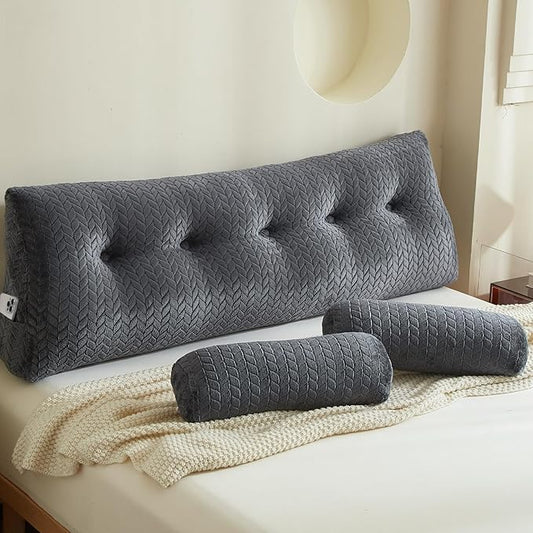 YOUR MOON Wedge Headboard Pillow Queen Size, Triangular Wedge Backrest Pillow with 1 Pack Neck Roll Pillows, Headboard Pillow for Bed,Daybed,and Lounging, Large Bed Bolster Pillows,Dark Gray