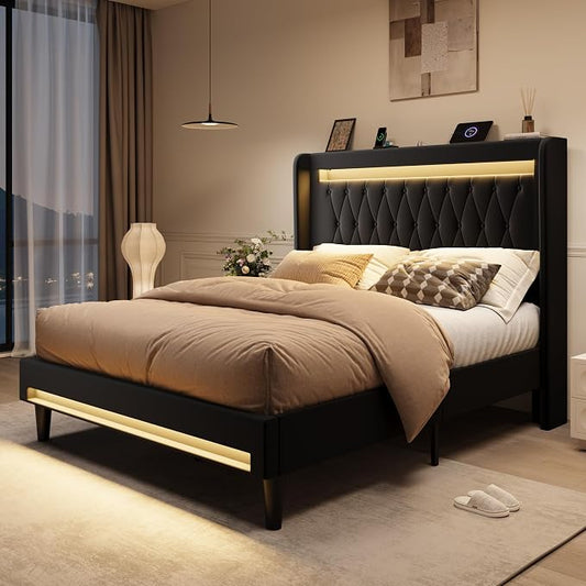SHA CERLIN Full Size LED Bed Frame with Charging Station, Velvet Upholstered Platform Bed with High Wingback Headboard, No Box Spring Needed, Easy Assembly, Black