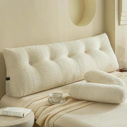 YOUR MOON Wedge Headboard Pillow Queen Size, Triangular Wedge Backrest Pillow with 1 Pack Neck Roll Pillows, Headboard Pillow for Bed,Daybed,and Lounging, Large Bed Bolster Pillows,Off White