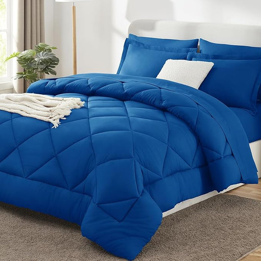 CozyLux Oversized King Comforter Set Classic Blue - 7 Pieces Bed in a Bag Comforter Set with Sheets, Luxury Soft Bed Set, Bedding Set with Down Alternative Comforter, Sheets, Pillowcases & Shams