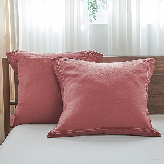 Simple&Opulence 100% French Linen Euro Shams with Embroidery (26'' x 26'') - Pack of 2 - Pre Washed Solid Color Natural Flax Soft Breathable - Coral Red