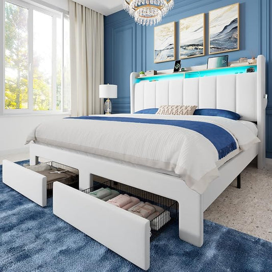 Allewie Velvet Vertical Tufted Queen Upholstered Platform Bed Frame with 2-Tier LED Storage Headboard & 2 Storage Drawers, USB & Type-C Charging Ports, Noise-Free/No Box Spring Needed, White