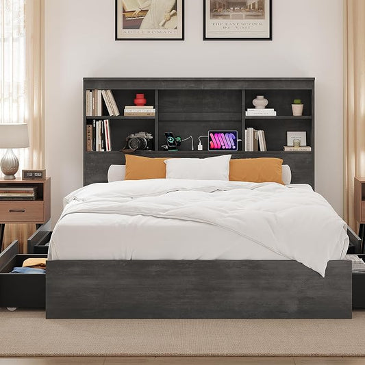 IDEALHOUSE Full Bed Frame with Storage Headboard, Wooden Bed Frame with Charging Station, Storage Bookcase & Full Size Platform Bed with 4 Drawers, No Box Spring Needed, Noise-Free, Ink