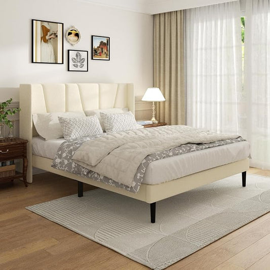 Sismplly Full Bed Frame with Headboard, Velvet Upholstered Full Size Platform Bed with Wingback, Mattress Foundation with Wooden Slat Support, No Box Spring Needed, Easy Assembly, Noise Free, Beige