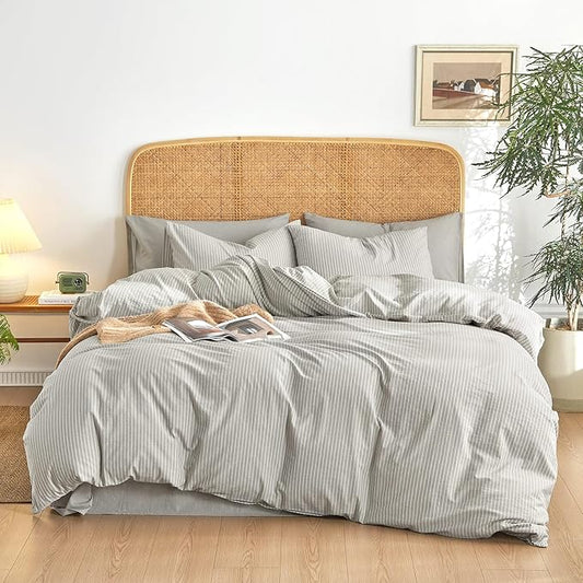 Wake In Cloud - Striped Cotton Duvet Cover Set, 100% Washed Cotton Textured Percale Bedding Set, Ticking Stripe Pinstripe Farmhouse, 3 Pieces, Light Grey, Queen Size