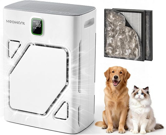 Meowant Air Purifier for Home Large Room 2600ft², H13 HEPA Filter, Double Air Intake, PM2.5 Air Quality Display, Auto Mode, Washable Pre-Filter, 2X-Purification For Pet Hair Dander Odor Dust, White