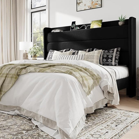 Allewie King Size Upholstered Bed Frame with Charging Station & Storage Headboard, Soft Velvet Wingback Platform Bed, Strong Wooden Slats Support, No Box Spring Needed, Easy Assembly, Black