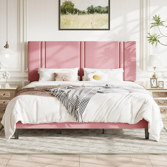 Allewie King Size Platform Bed Frame with Adjustable Headboard, Plush Velvet Upholstered, Vertical Channel Tufted, Sturdy Wooden Slats, No Box Spring Needed, Easy Assembly, Pink