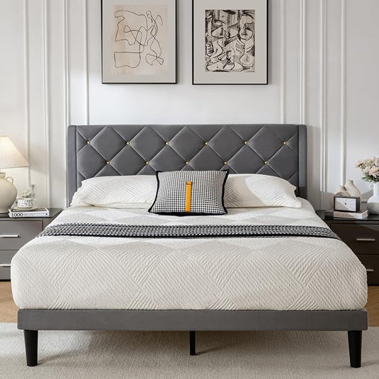 Full Bed Frame with Headboard, Bed Frame Full Size with Sturdy Wooden Slats Support, Platform Frame with Velvet Upholstered Headboard, Mattress Foundation, Easy Assembly, No Box Spring Needed grey