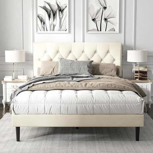 HAOARA Full Size Platform Bed Frame with Upholstered Button Tufted Headboard, Mattress Foundation with Wooden Slat Support, Noise Free, No Box Spring Needed, Easy Assembly, Beige Velvet