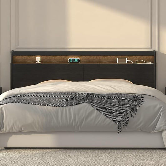 Wall Mount Wooden Headboard Only with Storage, Skirting Groove for Enhanced Stability, Built-in Power Outlet, 2 USB Ports & LED Light - Sturdy Stable Bed Backboard (Black, King (U.S. Standard))