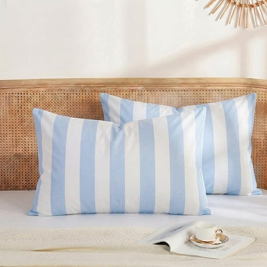 Merryword Standard Size Pillowcases, 100% Cotton Pillow Cases, Blue and White Striped Pillowcases, Soft Breathable Wide Stripe Pillow Covers, Set of 2