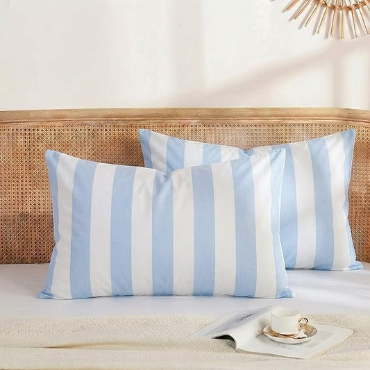 Merryword King Size Pillowcases, 100% Cotton Pillow Cases, Blue and White Striped Pillowcases, Soft Breathable Wide Stripe Pillow Covers, Set of 2