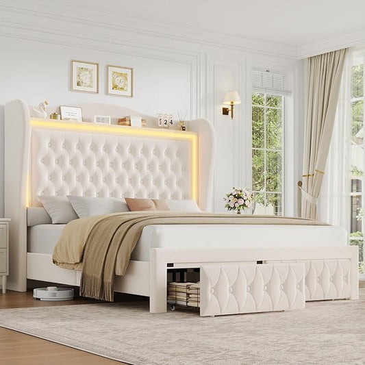 Queen Bed Frame 55" Tall Headboard with LED Lights, Buttons Tufted Velvet Upholstered Platform Bed Frame with 2 Storage Drawers, Wood Slats Support Mattress Foundation, No Box Spring Needed, Beige