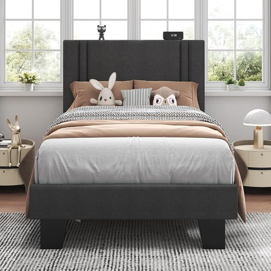 Feonase Twin Platform Bed Frame, Fabric Upholstered Twin Bed Frame, Solid Wood Slats & Heavy Duty Feet Support, No Box Spring Needed, Noise-Free, Easy Assembly, Dark Grey