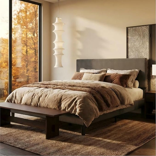 SHA CERLIN King Size Platform Bed Frame with Adjustable Headboard and Wooden Slats Support, Boucle Upholstered Mattress Foundation, No Box Spring Needed, Easy Assembly, Dark Grey