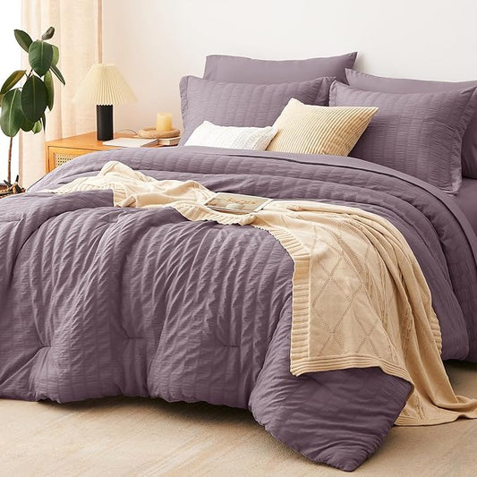 CozyLux Oversized King Comforter Set Dusty Purple Seersucker 7 Pieces 120x98 Bed in a Bag Comforter Set with Sheets, Grayish Purple Bedding Set Down Alternative Comforter, Sheets, Pillowcases & Shams