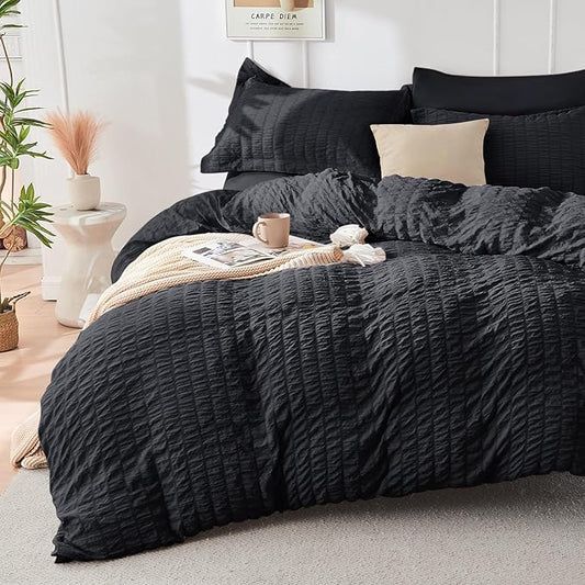 HYMOKEGE Black Duvet Cover King Size, Ultra Soft 3-Piece Seersucker Duvet Cover Set with Zipper Closure, Soft Brushed Microfiber Bedding Set with 8 Corner Ties (104"x90", 2 Pillowshams)