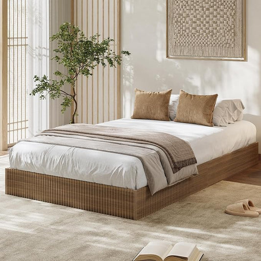 Garvee Twin Bed Frame, Wood Platform Bed with Fluted Design, Low Profile BedFrame, Minimalist Bed Base with Noise-Free, Easy Assembly, No Box Spring Needed, Walnut