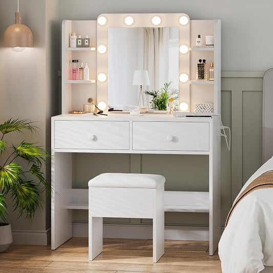 Haewon White Vanity Desk with Mirror and Lights, Makeup Vanity with 10 LED Bulbs and 3 Color Modes, Dressing Table Set with Power Outlets, Storage Drawers and Chair for Bedroom