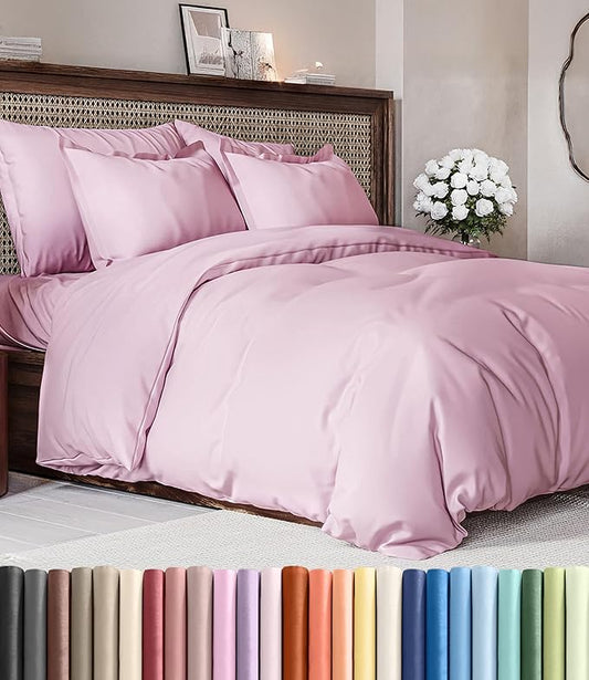 Duvet Cover Full Size Set - Extra Soft Full Duvet Cover 80" x 90" with 2 Pillow Shams - Hotel Luxury, Easy Care & Fade Free w/ Zipper Closures & Ties - All Season, Comfy and Breathable (Light Pink)