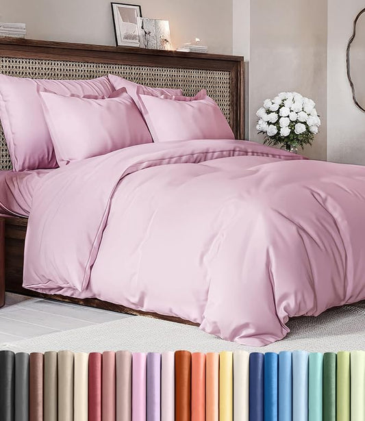 Duvet Cover King Size Set - Extra Soft King Duvet Cover 104" x 90" with 2 Pillow Shams - Hotel Luxury, Easy Care & Fade Free w/ Zipper Closures & Ties - All Season, Comfy and Breathable (Light Pink)