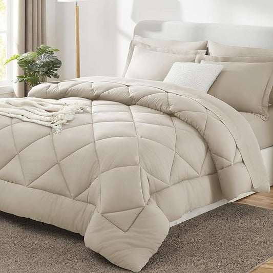 CozyLux Queen Comforter Set Oatmeal - Bed in a Bag Queen Size 7 Pieces, Luxury Soft Bed Set for All Seasons, Bedding Set with Down Alternative Comforter, Sheets, Pillowcases & Shams