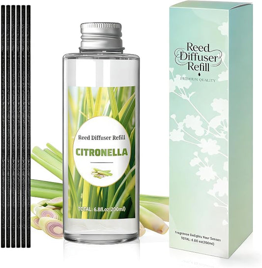 STRN Citronella Reed Diffuser Oil Refill, Citronella Scent 200ML(6.8fl.oz) with 6 Sticks, Air Freshener Long-Lasting Aromatherapy Reed Diffuser Set for Summer Home, Bedroom, Spa, Bathroom