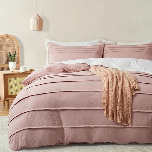 Oli Anderson Misty Rose Duvet Cover King Size - Pleated King Duvet Cover, 3PCS Soft and Breathable Textured Bedding Set with Zipper Closure(Misty Rose,104"x90")